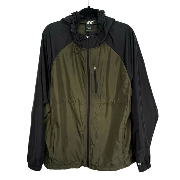 Russell Athletic Men's Green Black Mesh Zip-Up Hooded Windbreaker Jacket Large - Picture 1 of 8